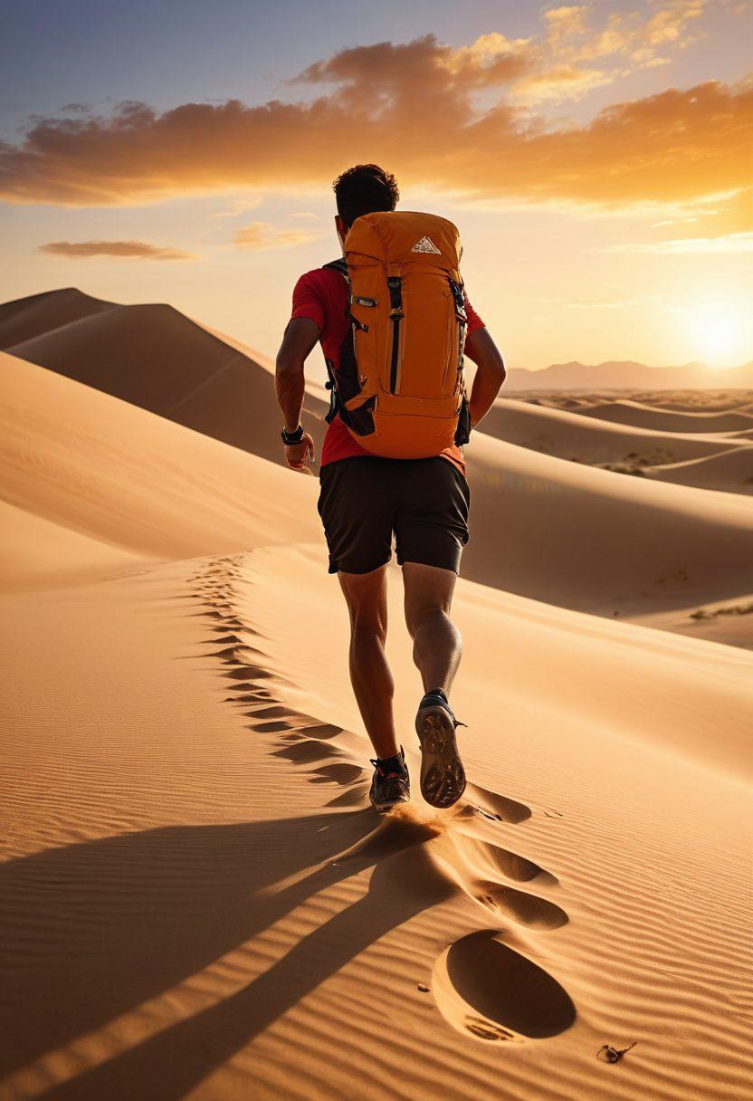 A determined athlete conquering a vast desert landscape, showcasing perseverance amidst towering sand dunes under a blazing sun. Include elements such as a rugged backpack, water bottle, and athletic gear, highlighting the struggle and beauty of endurance sports. Capture the golden hues of the sunset reflecting off the grains of sand, creating a warm, inviting atmosphere. super-realistic. vibrant colors. 3D.