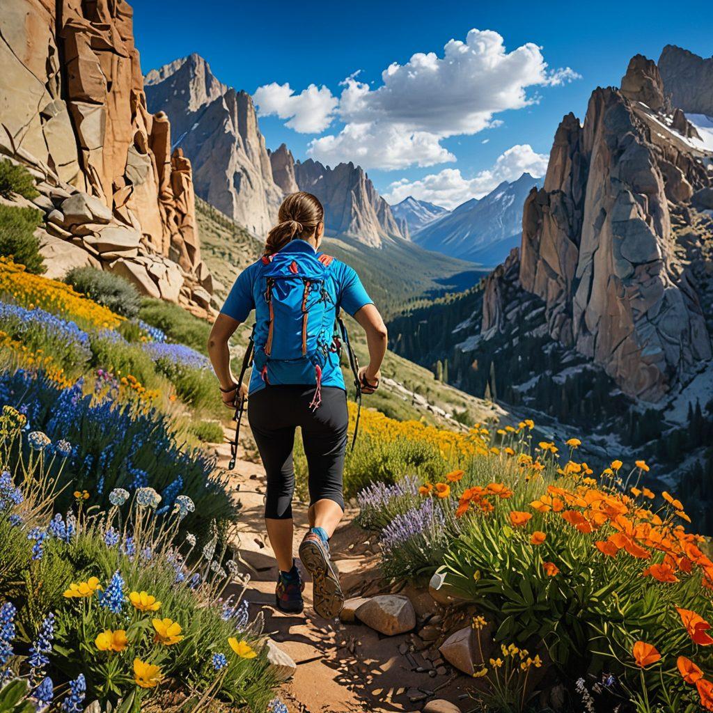 A dynamic scene showcasing a person transitioning from trail hiking to rock climbing, with picturesque mountains in the background. Add elements like wildflowers and rugged terrain, highlighting the exhilarating wilderness. Incorporate vivid colors and a bright blue sky to evoke a sense of adventure and fitness. super-realistic. vibrant colors. outdoor landscape.